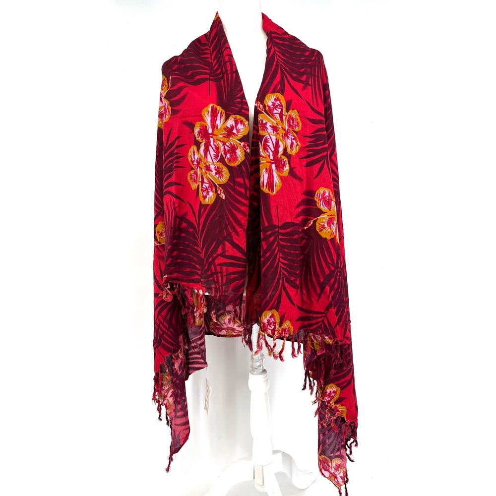 Hibiscus Collection Hawaii Red Floral Print Rayon Sarong Wrap Scarf NWT